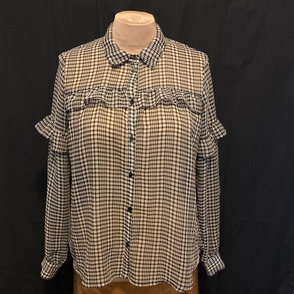 Divided by H&M Black and White Button Up Sheer Shirt with Ruffle Details - Picture 1 of 8